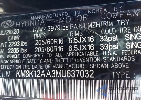 2021 Hyundai Kona Se z USA, uszkodzony, nr VIN KM8K12AA3MU637032